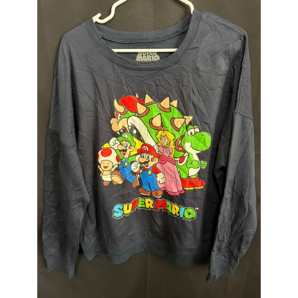 Nintendo Super Mario Graphic Sweatshirt XL Navy Blue Gamer Retro Bowser Yoshi